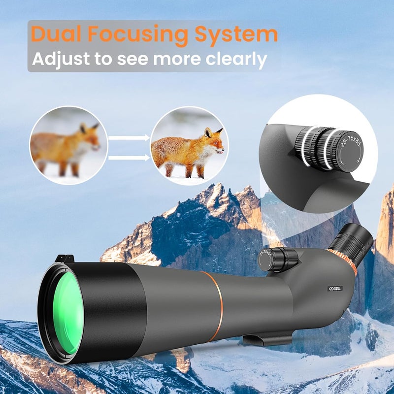 Three Triping Spotting Scope 25-75×85 - Dual Focusing Spotter Scope, with Tripod & Phone Adapter, Ideal for Bird Watching & Wildlife Observing - Image 3